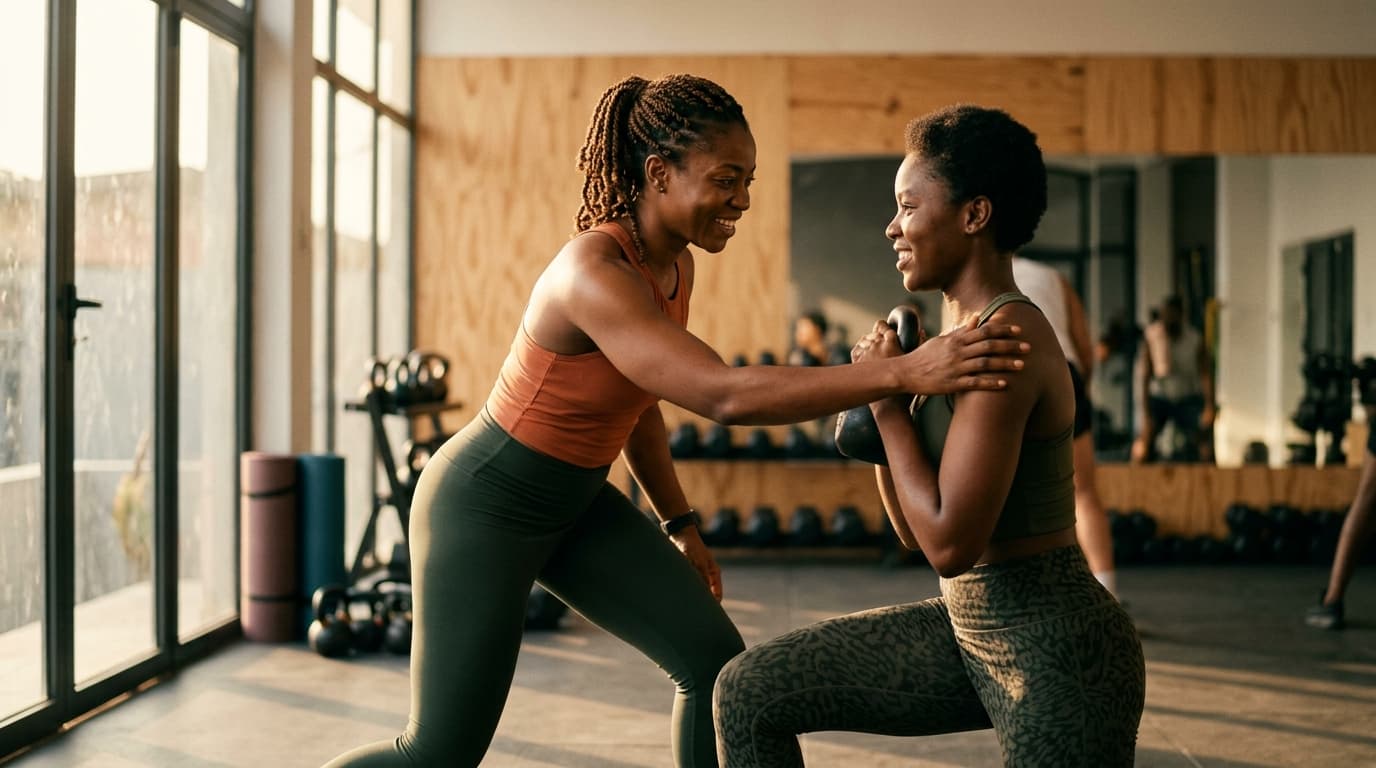 A coach guiding a member through their workout
